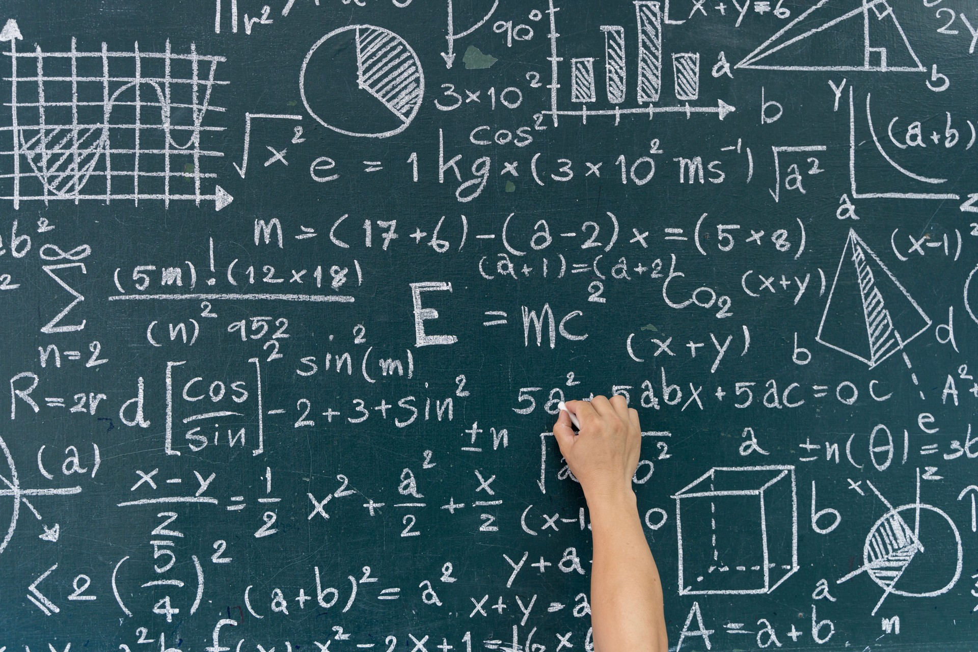 Hand writing complex math equations with chalk on blackboard full of graphs, symbols and scientific formulas
